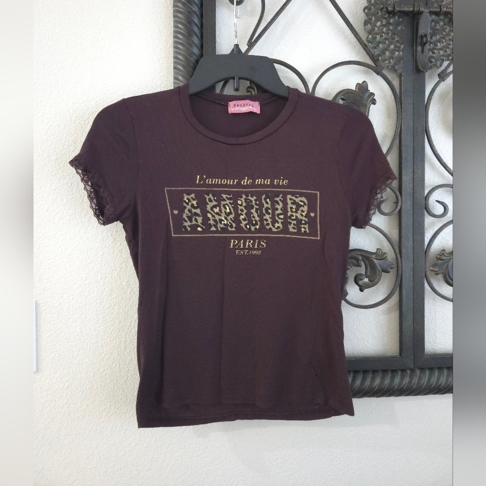 Ragdoll Y2K Chocolate Brown Graphic Tee with Lace Sleeves - Picture 7 of 8